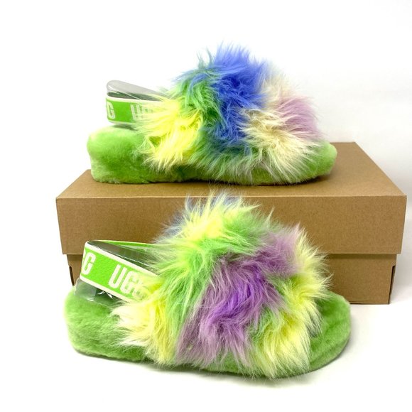 UGG FLUFF YEAH Women's Size 1117326 APL Fur Apple Green Slides Slippers Sandals - Picture 7 of 9